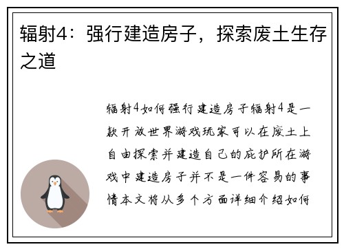 辐射4：强行建造房子，探索废土生存之道